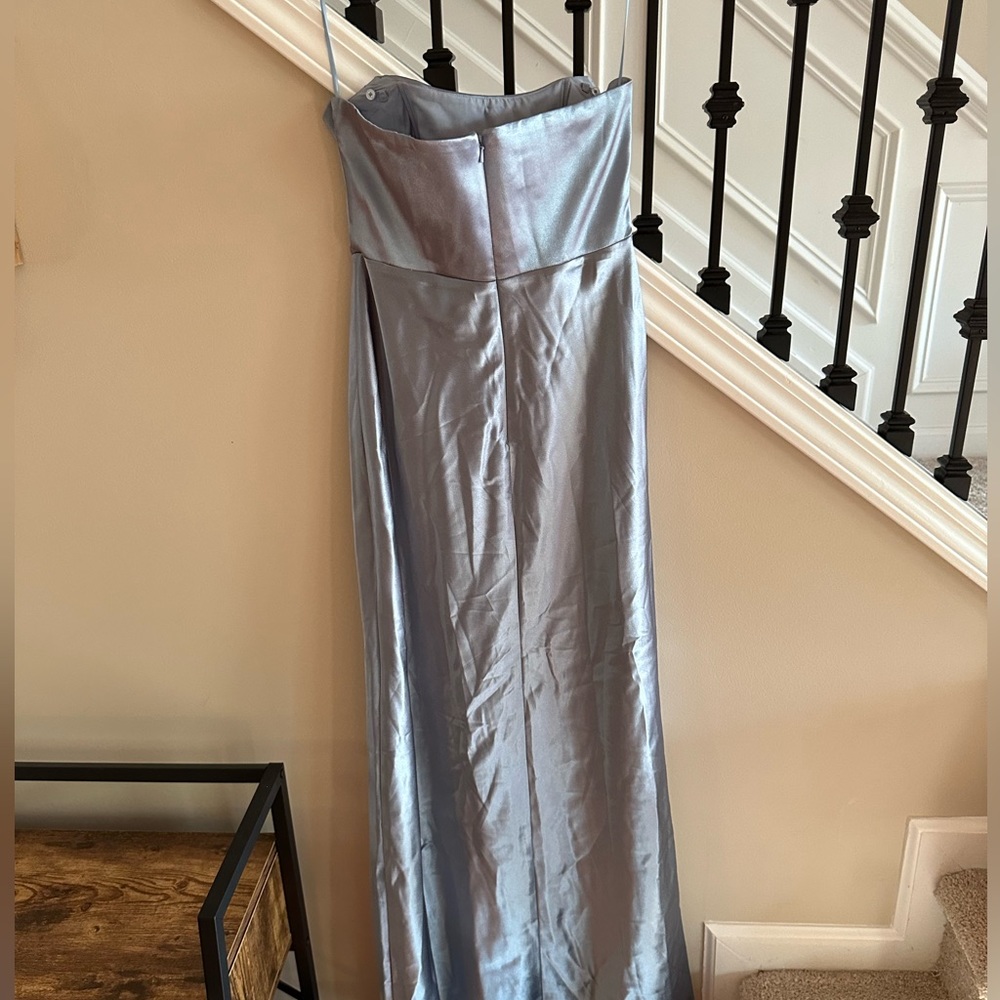 Birdy Gray light dusty blue satin strapless bridesmaids gown with slit sz S - Picture 7 of 8